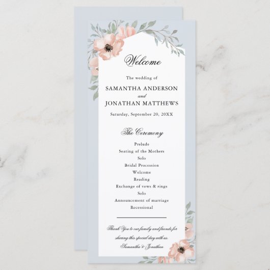 Waterverf perzik bloemig stoffig blauw bruiloft pr programmakaart (Voorkant / Achterkant)