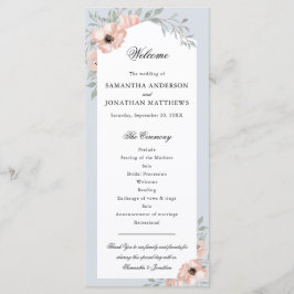 Waterverf perzik bloemig stoffig blauw bruiloft pr programmakaart