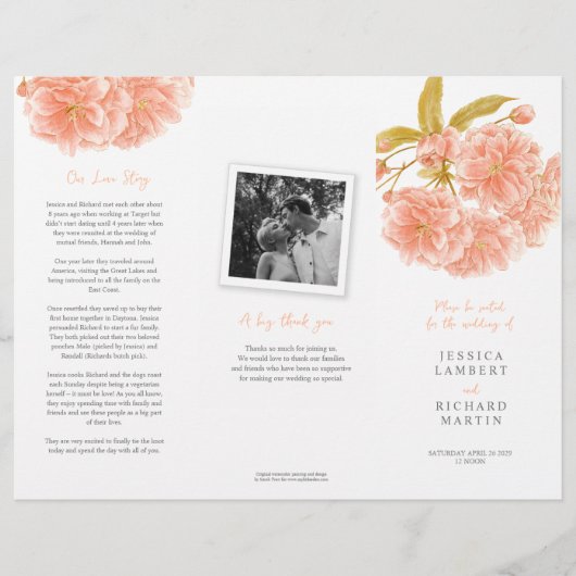 Waterverf perzik bloesem bruiloft trifold programm flyer (Voorkant)