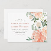 Waterverf Perzik & Blush Roze Bloemen Huwelijk Uitnodiging Briefkaart (Voorkant / Achterkant)