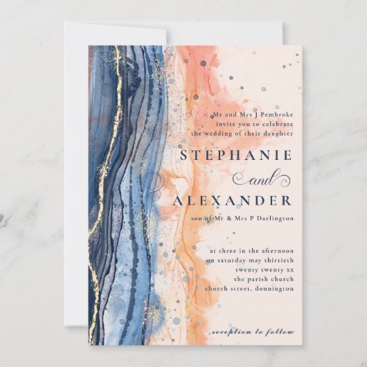 Waterverf Perzik en Blauw Formele Bruiloft Kaart (Voorkant)