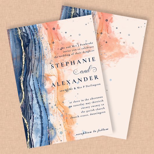 Waterverf Perzik en Blauw Formele Bruiloft Kaart