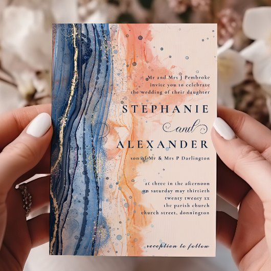 Waterverf Perzik en Blauw Formele Bruiloft Kaart