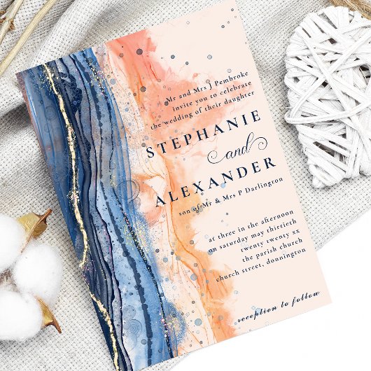 Waterverf Perzik en Blauw Formele Bruiloft Kaart