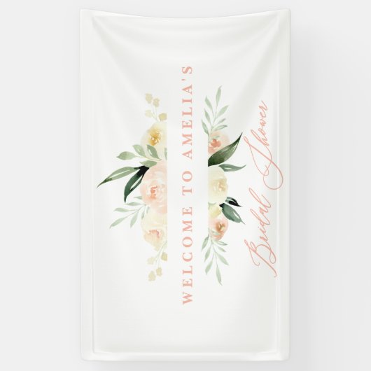 Waterverf perzik en groen bloemig vrijgezellenfees spandoek (Verticaal)