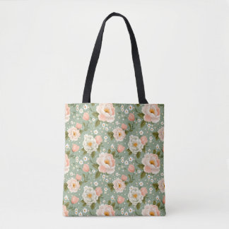 Waterverf Perzik en Groene Bloemen Tote Bag