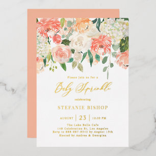 Waterverf Perzik en Ivoren Bloemen Baby Borrel Folie Uitnodiging