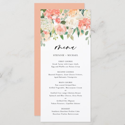 Waterverf Perzik en Ivory Flowers Wedding Menu (Voorkant / Achterkant)