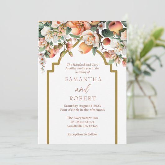 Waterverf Perzik Goud Bloemen Bruiloft Kaart (Staand voorkant)