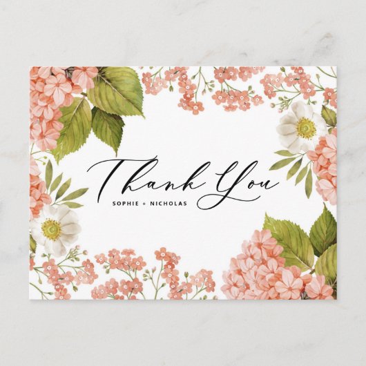 Waterverf perzik hortensia bruiloft bedankt briefkaart (Voorkant)