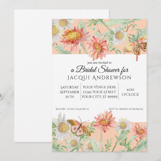 Waterverf Perzik Koraal Witte Bloemen Vrijgezellen Kaart (Voorkant / Achterkant)