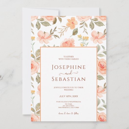 Waterverf Perzik Mint Bloementuin Bruiloft Kaart (Voorkant)