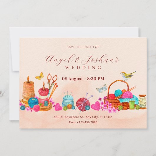 Waterverf perzik naaigereedschap kunst bruiloft save the date (Voorkant)