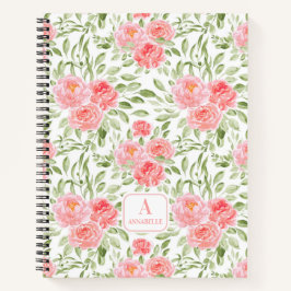 Waterverf perzik pioen patroon monogram Notitieboe Notitieboek