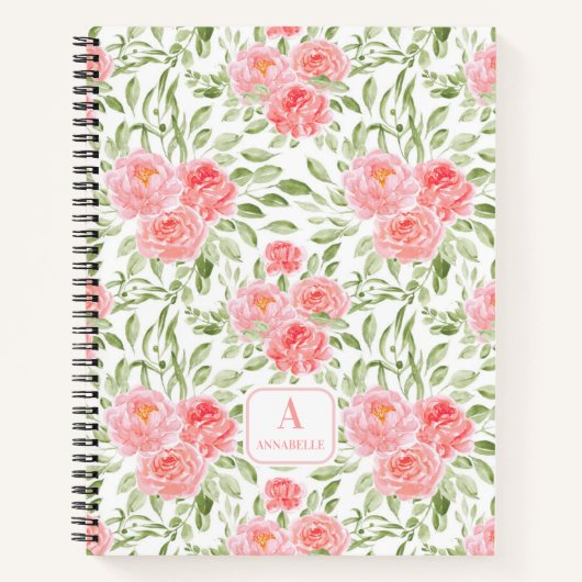 Waterverf perzik pioen patroon monogram Notitieboe Notitieboek (Voorkant)