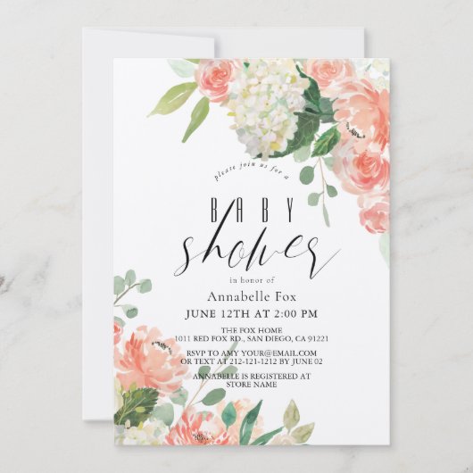 Waterverf Perzik Roos & Hydrangea Baby shower Kaart (Voorkant)