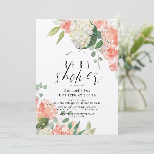 Waterverf Perzik Roos & Hydrangea Baby shower Kaart (Staand voorkant)