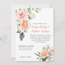 Waterverf Perzik Roze en Wit Rozen Bruiloft Kaart