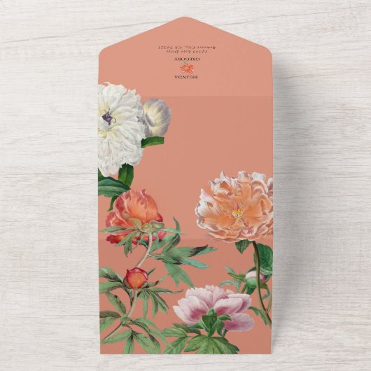 Waterverf Perzik Roze Pioenrozen Bloemen Bruiloft All In One Uitnodiging (Buitenkant)