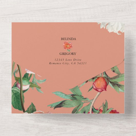 Waterverf Perzik Roze Pioenrozen Bloemen Bruiloft All In One Uitnodiging (Achterkant)
