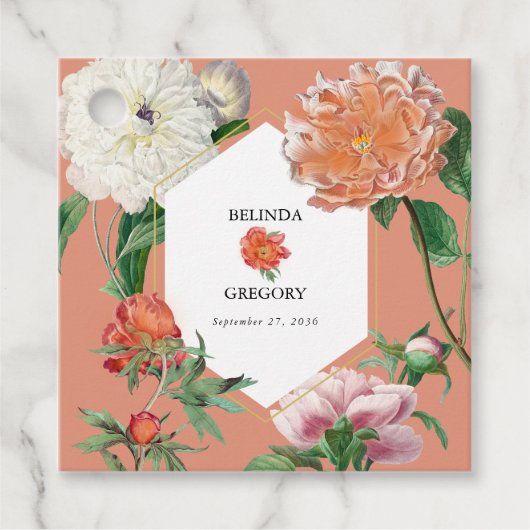 Waterverf Perzik Roze Pioenrozen Bloemen Bruiloft Bedankjes Labels (Voorkant)