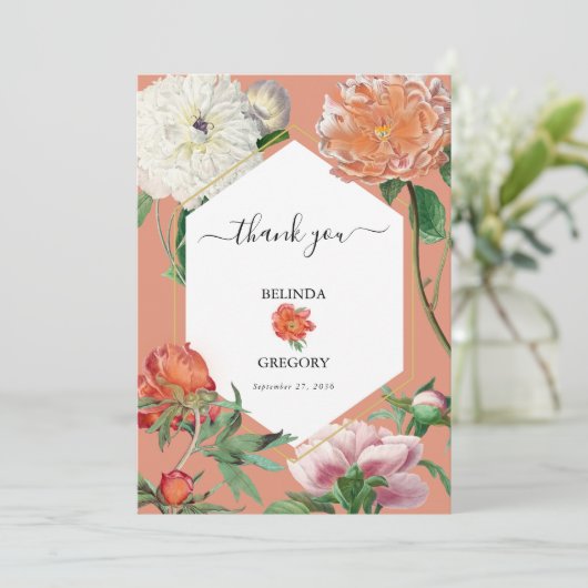 Waterverf Perzik Roze Pioenrozen Bloemen Bruiloft Bedankkaart (Staand voorkant)