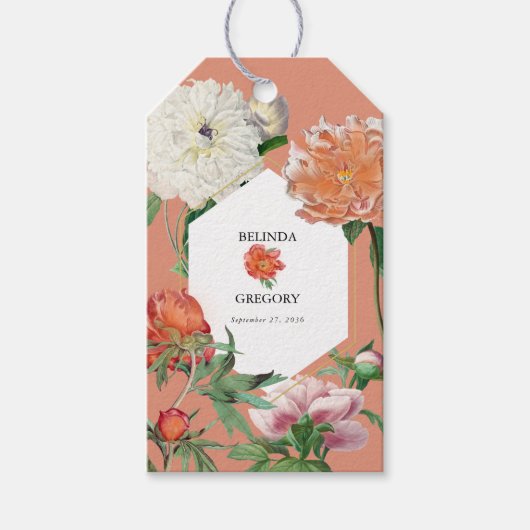 Waterverf Perzik Roze Pioenrozen Bloemen Bruiloft Cadeaulabel (Voorkant)
