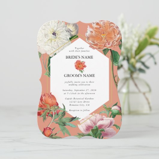 Waterverf Perzik Roze Pioenrozen Bloemen Bruiloft Kaart (Staand voorkant)