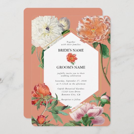 Waterverf Perzik Roze Pioenrozen Bloemen Bruiloft Kaart (Voorkant / Achterkant)
