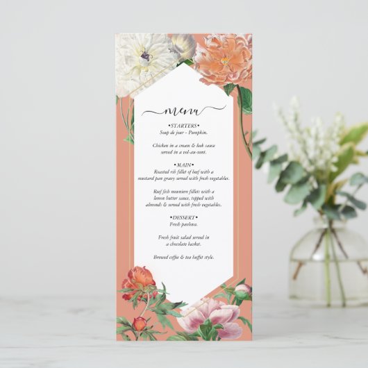 Waterverf Perzik Roze Pioenrozen Bloemen Bruiloft Menu (Staand voorkant)