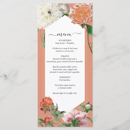 Waterverf Perzik Roze Pioenrozen Bloemen Bruiloft Menu (Voorkant)