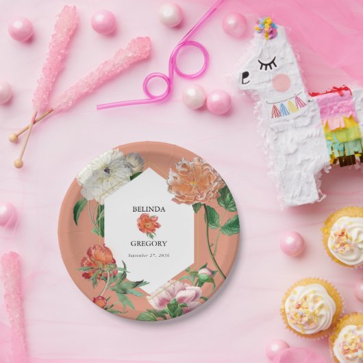 Waterverf Perzik Roze Pioenrozen Bloemen Bruiloft Papieren Bordje (Feest)