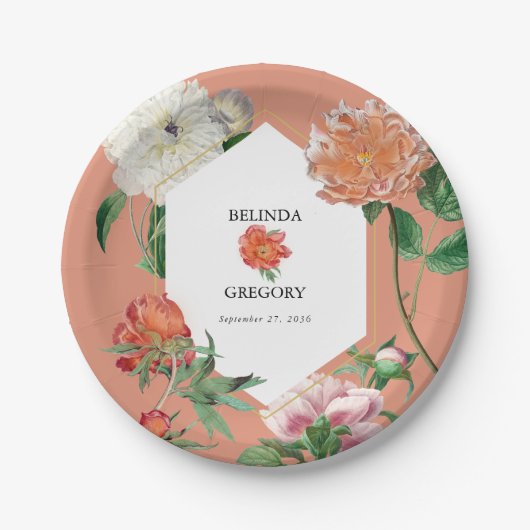 Waterverf Perzik Roze Pioenrozen Bloemen Bruiloft Papieren Bordje (Voorkant)