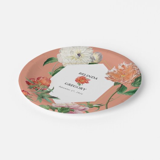 Waterverf Perzik Roze Pioenrozen Bloemen Bruiloft Papieren Bordje (Gekanteld)