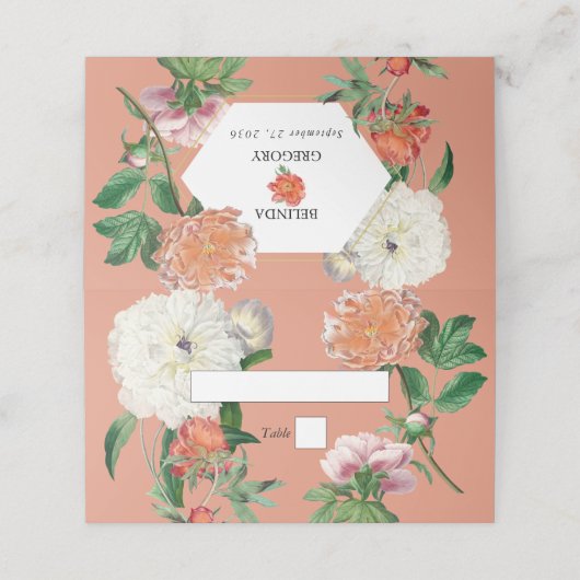 Waterverf Perzik Roze Pioenrozen Bloemen Bruiloft Plaatskaartje (Buitenkant ongevouwen)