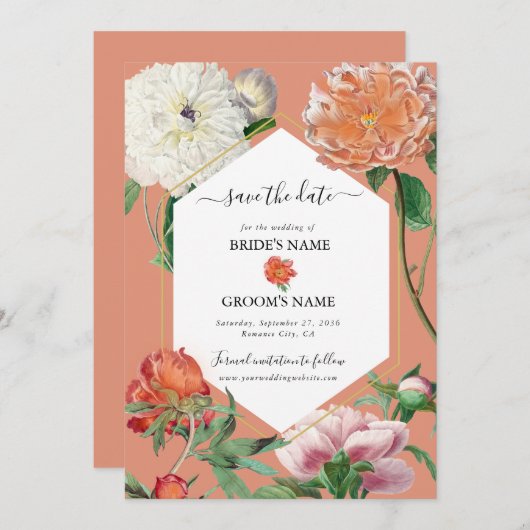 Waterverf Perzik Roze Pioenrozen Bloemen Bruiloft Save The Date (Voorkant / Achterkant)