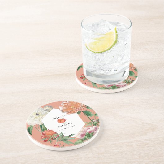 Waterverf Perzik Roze Pioenrozen Bloemen Bruiloft Zandsteen Onderzetter (Zijkant)