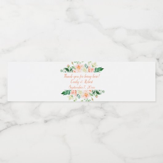 Waterverf Perzik Rozen en groen Wijnfles Waterfles Etiket (Enkel label)