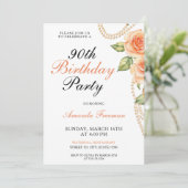 Waterverf perzik Rozen met parels 90ste verjaardag Kaart (Staand voorkant)