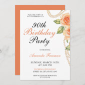 Waterverf perzik Rozen met parels 90ste verjaardag Kaart (Voorkant / Achterkant)