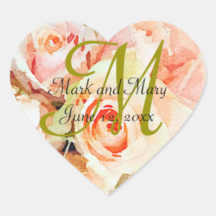 Waterverf Perzik Rozen Monogram Hart Sticker