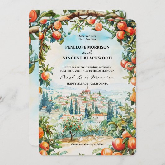 Waterverf perzik stad bruiloft kaart (Voorkant / Achterkant)