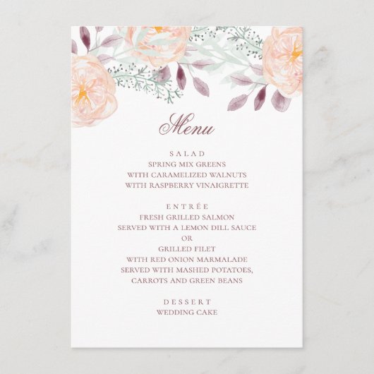 Waterverf perzikbloem. Botanische bruiloft. Floral Menu (Voorkant)
