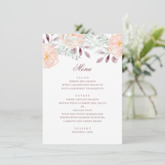 Waterverf perzikbloem. Botanische bruiloft. Floral Menu (Staand voorkant)