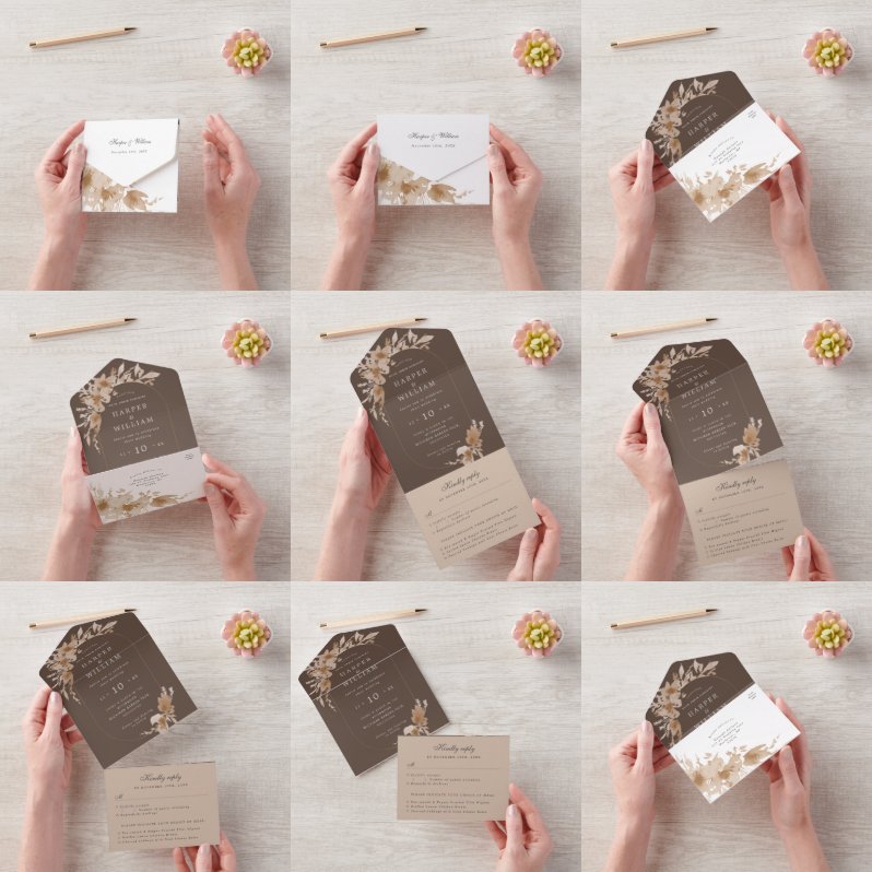 Waterverf perzikbloemen, drievoudig bruiloft all in one uitnodiging