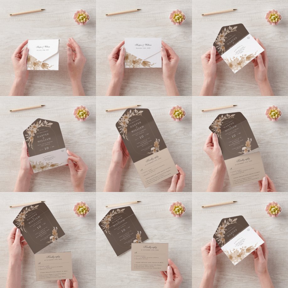 Waterverf perzikbloemen, drievoudig bruiloft all in one uitnodiging