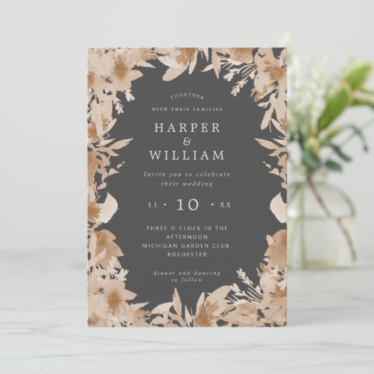 Waterverf perziken / beige grijs boho florale brui kaart (Staand voorkant)