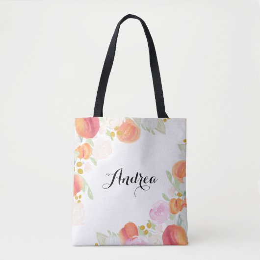 Waterverf Perziken Bloemen Gepersonaliseerde Canva Tote Bag (Voorkant)