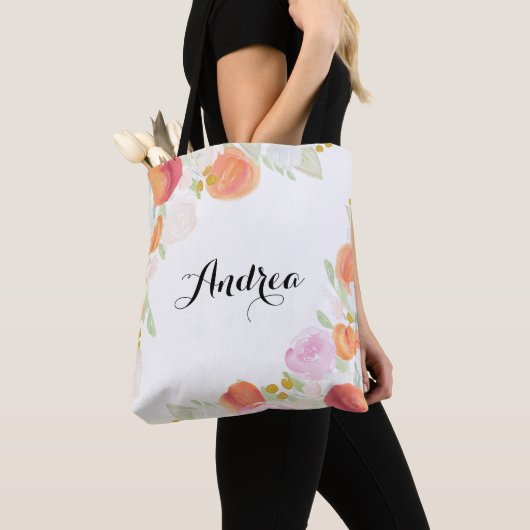 Waterverf Perziken Bloemen Gepersonaliseerde Canva Tote Bag (Dichtbij)