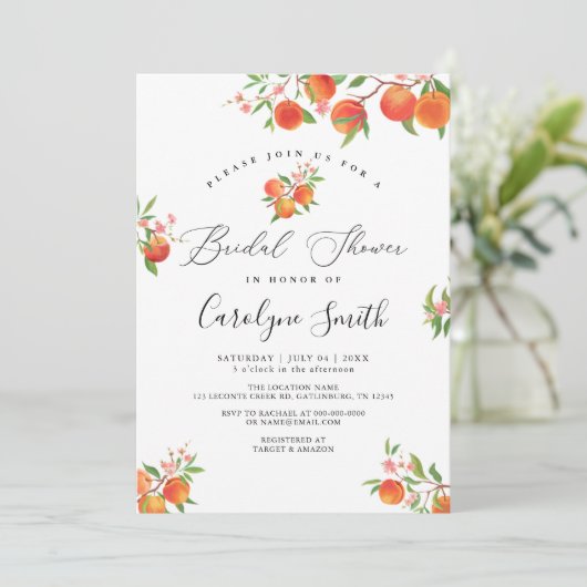 Waterverf perziken bloemenbruids doucheuitnodiging kaart (Staand voorkant)